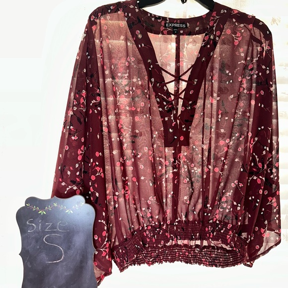 Express dressy flowy sleeves/lace up v-neck size Small color Maroon w flowers - Picture 1 of 2
